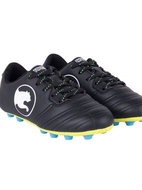 Kids Black Soccer Cleats with Yellow and Blue Accents